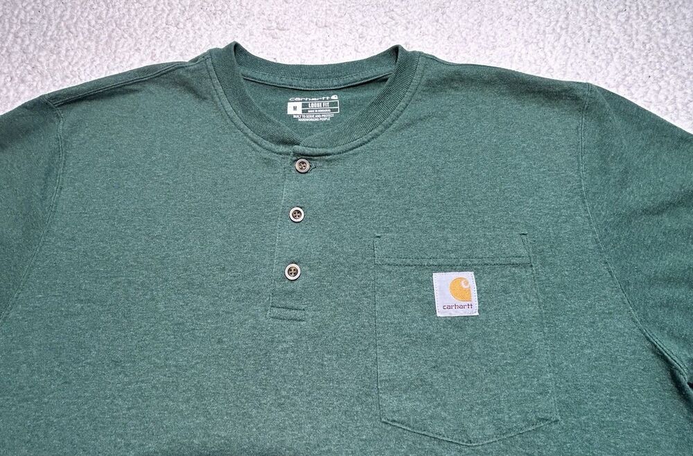 Carhartt Mens Henley Shirt Long Sleeve Green Loose Fit Medium Pocket Heavyweight